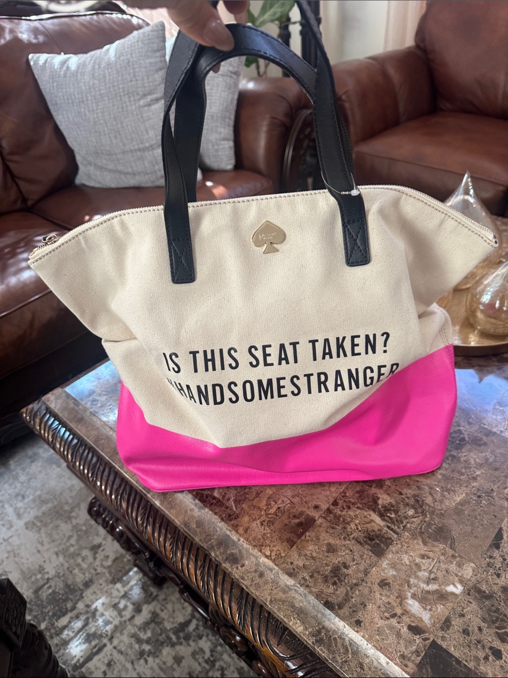 kate spade Two-Tone Canvas Tote in Cream and Hot Pink with Black Handles
